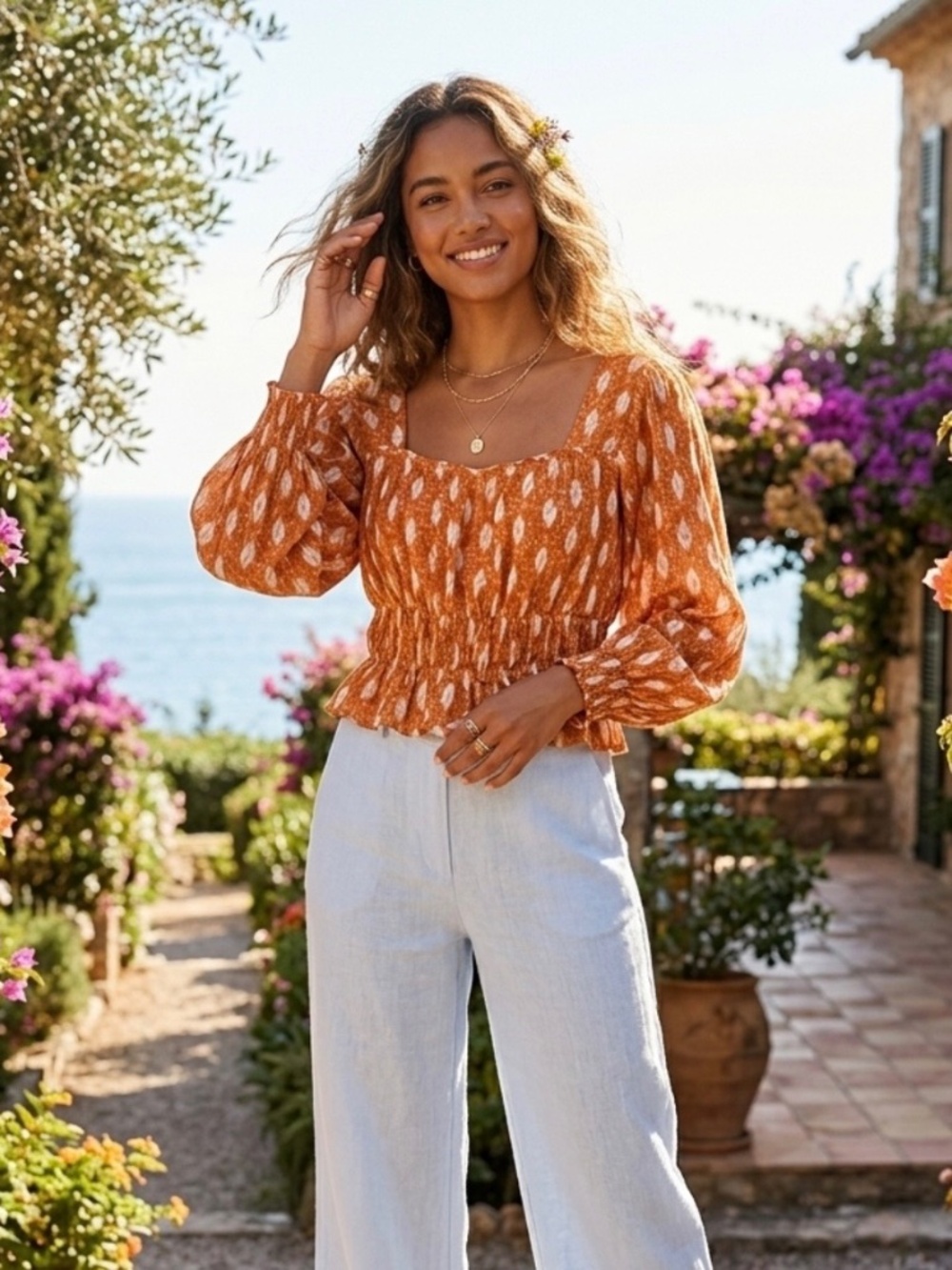 Haute Hippie Chic Orange White Peasant Top S Smocked Waist Boho Festival Summer